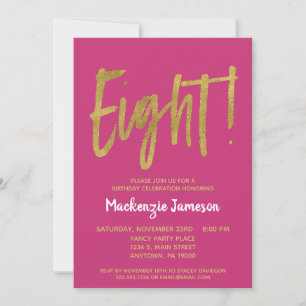 Invitation Pink Gold Script 8e anniversaire de fête Invitatio