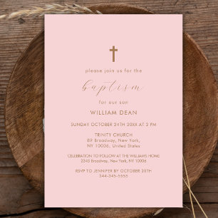 Invitation Pink & Gold Script moderne Boho Cross Baptism
