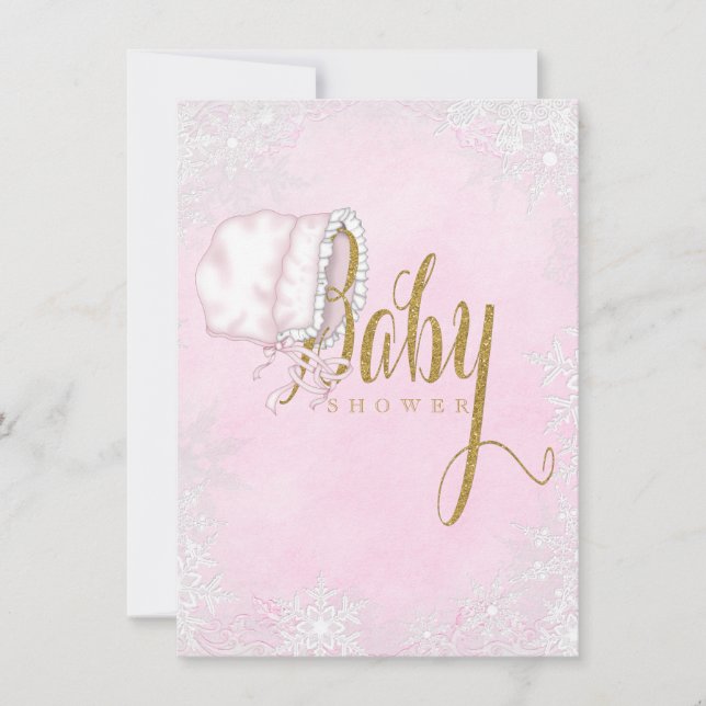 Invitation Pink Gold Snowflake Baby Girl Douche (Devant)