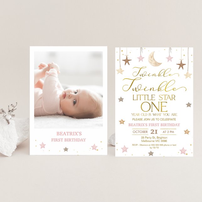 Invitation Pink Gold Twinkle Little Star Photo Anniversaire (Twinkle twinkle little star girl's birthday invitation featuring some faux gold text and a photo.)