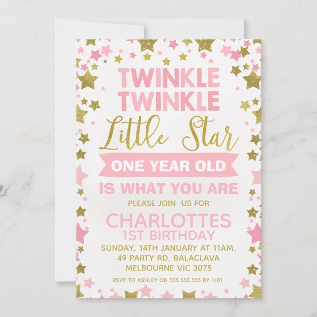 Invitation Pink Gold Twinkle scintiller Little Star Anniversa (Devant)