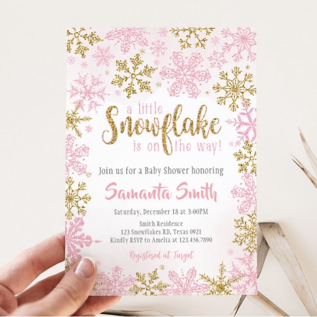 Invitation Pink Gold Un peu de flocons est en route (A Little Snowflake Baby Shower Invitation)