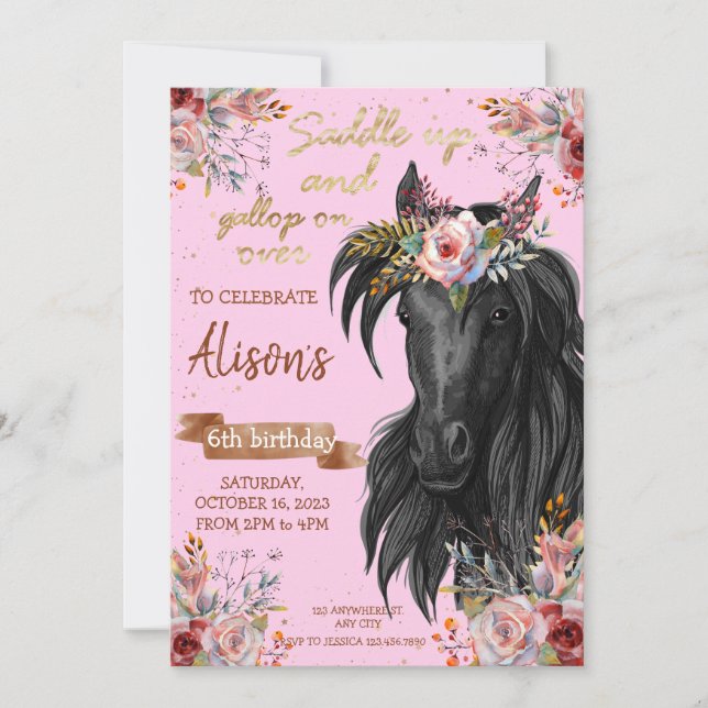 Invitation Pink Gold Watercolor cheval anniversaire cowgirl (Devant)