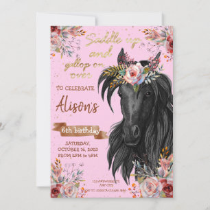 Invitation Pink Gold Watercolor cheval anniversaire cowgirl