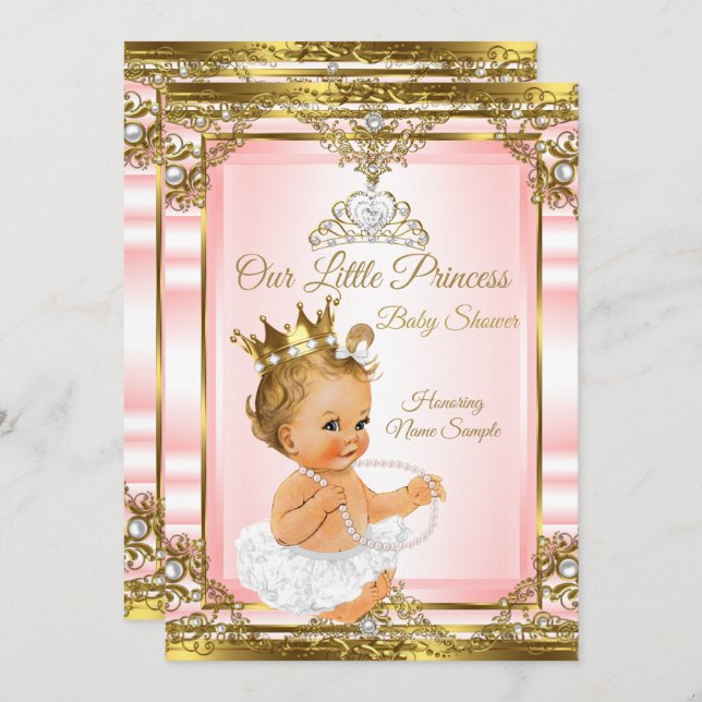 Invitation Pink Gold White Pearl Princess Baby shower Blonde (Devant / Derrière)