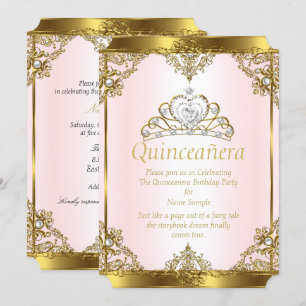Invitation Pink Gold White Pearl Princess Quinceanera