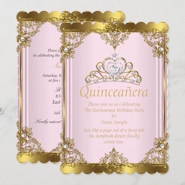 Invitation Pink Gold White Pearl Princess Quinceanera 2 (Devant / Derrière)