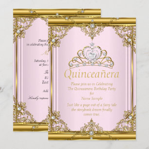 Invitation Pink Gold White Pearl Princess Quinceanera Blush