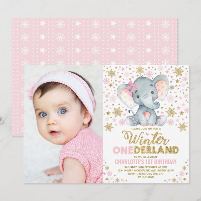 Invitation Pink Gold Winter Onederland Elephant 1er anniversa (Devant / Derrière)