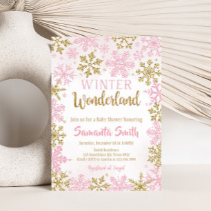 Invitation Pink Gold Winter Wonderland Baby shower