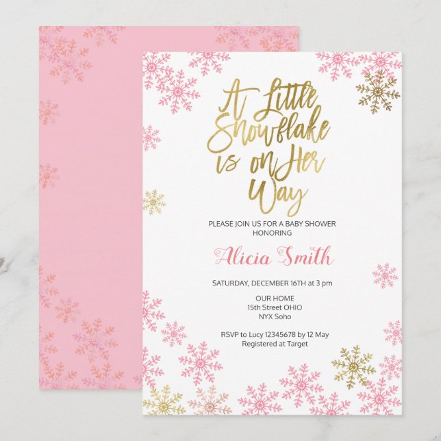 Invitation Pink Gold Winter Wonderland Baby shower fille (Devant / Derrière)