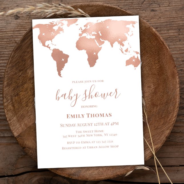 Invitation Pink Gold World Map Voyage Baby shower d'aventure (Pink Gold World Map Travel Adventure Baby Shower Invitation)