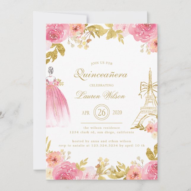 Invitation Pink Golden Floral Paris Chic Quinceanera (Devant)