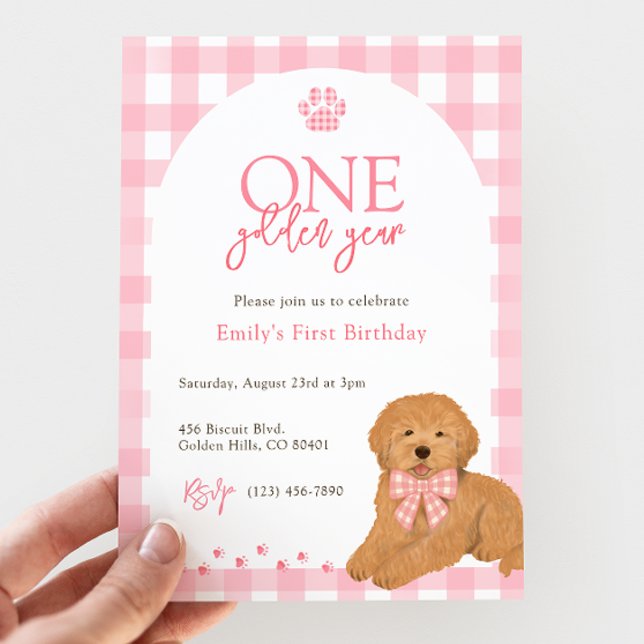 Invitation Pink Goldendoodle Dog One Golden Year birthday (Créateur téléchargé)