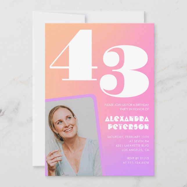 Invitation Pink Gradient Retro Photo 43e anniversaire (Devant)