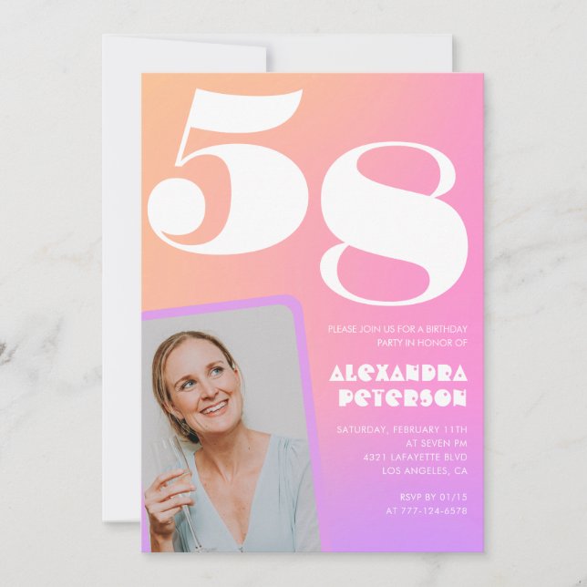 Invitation Pink Gradient Retro Photo 58e anniversaire (Devant)
