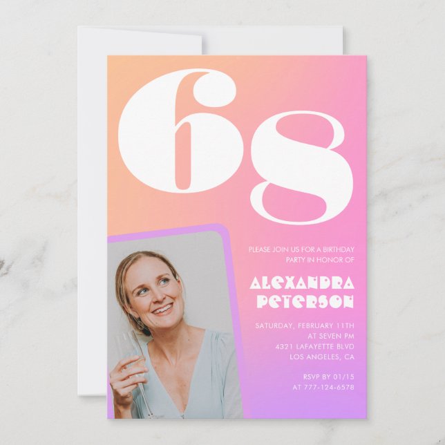 Invitation Pink Gradient Retro Photo 68e anniversaire Invitat (Devant)