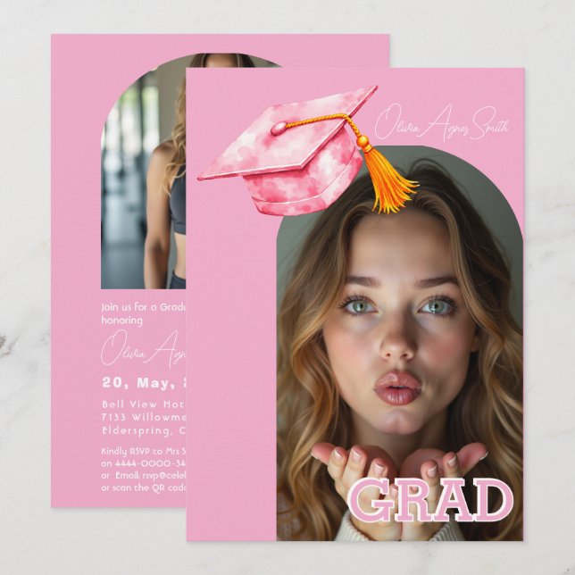 Invitation Pink Graduation Hat Accent Dual‑Photo QR Code (Devant / Derrière)
