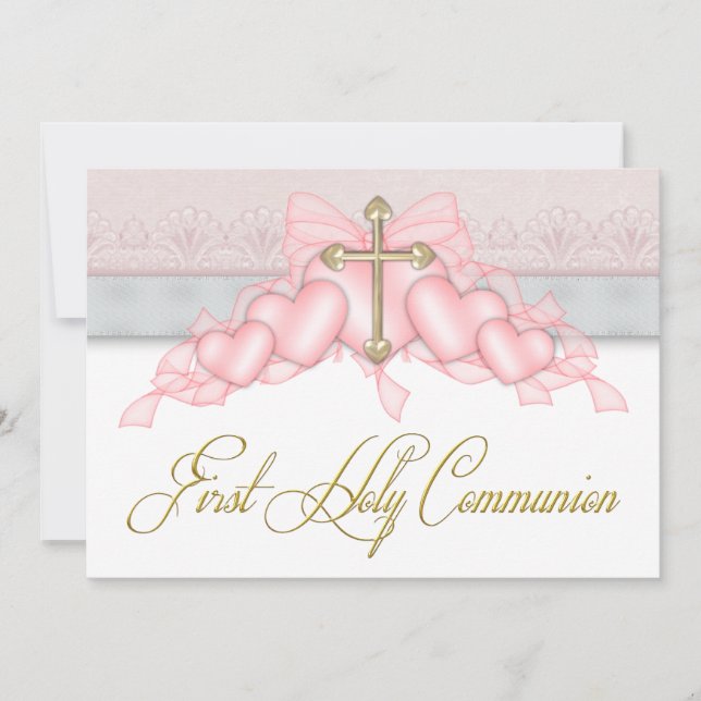 Invitation Pink Gray Gold Cross Girls Pink First Communion (Devant)