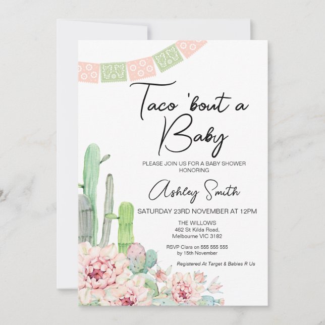 Invitation Pink Green Cactus Taco sur un Baby shower bébé (Devant)