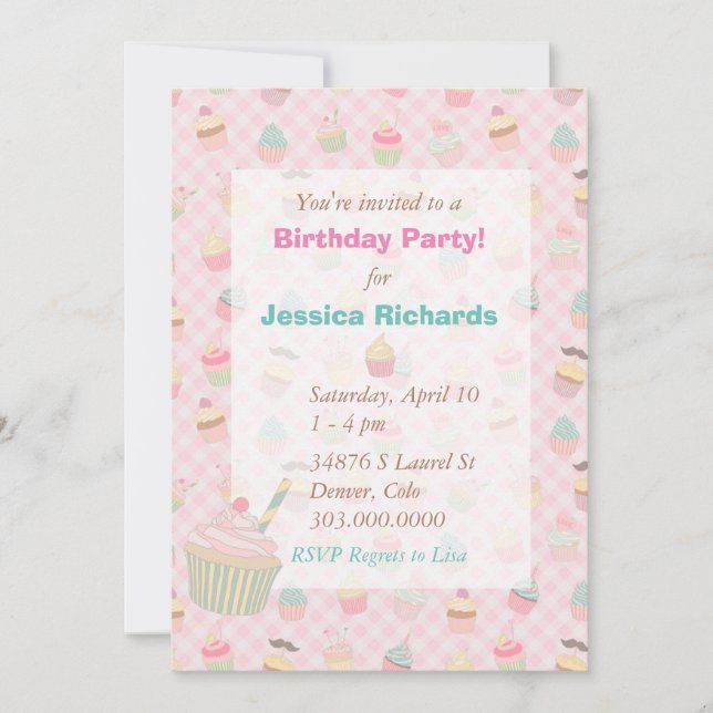 Invitation Pink Green En vichy Cupcake fête d'anniversaire (Devant)