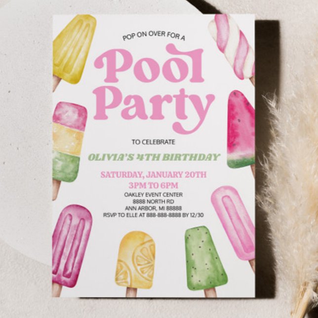 Invitation Pink Green Pool Party Popsicle Anniversaire (Créateur téléchargé)