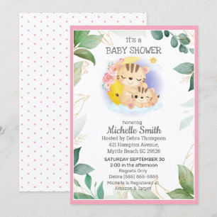 Invitation Pink Green Tiger Floral Maman Baby shower