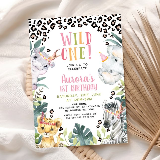 Invitation Pink Green Tribal Wild Un 1er anniversaire (Tribal Wild One 1st Birthday Invitation For Baby Girl, Wild One First Birthday Invitation, Cheetah)