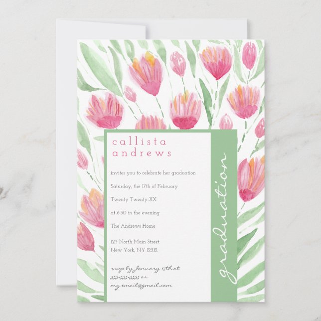 Invitation Pink Green Tulip Floral Aquarelle Graduation (Devant)