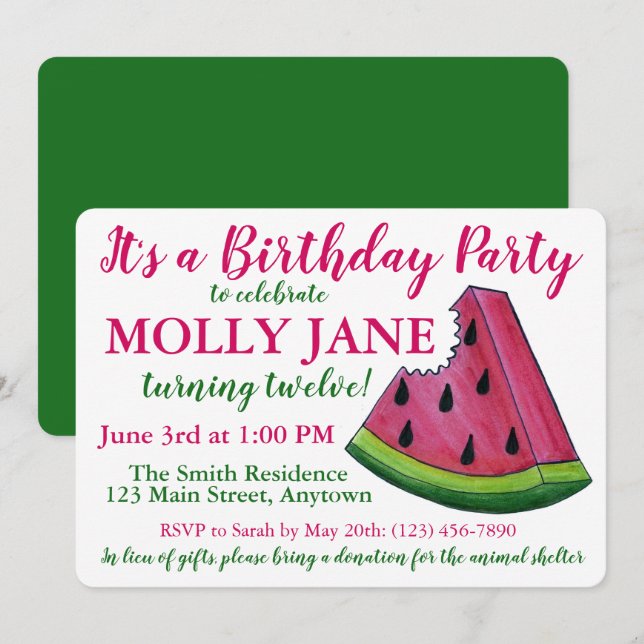 Invitation Pink Green Watermelon Slice Anniversaire Fête Douc (Devant / Derrière)