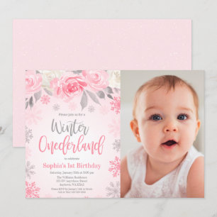 Invitation Pink Grey Floral Winter ONE derland Anniversaire P