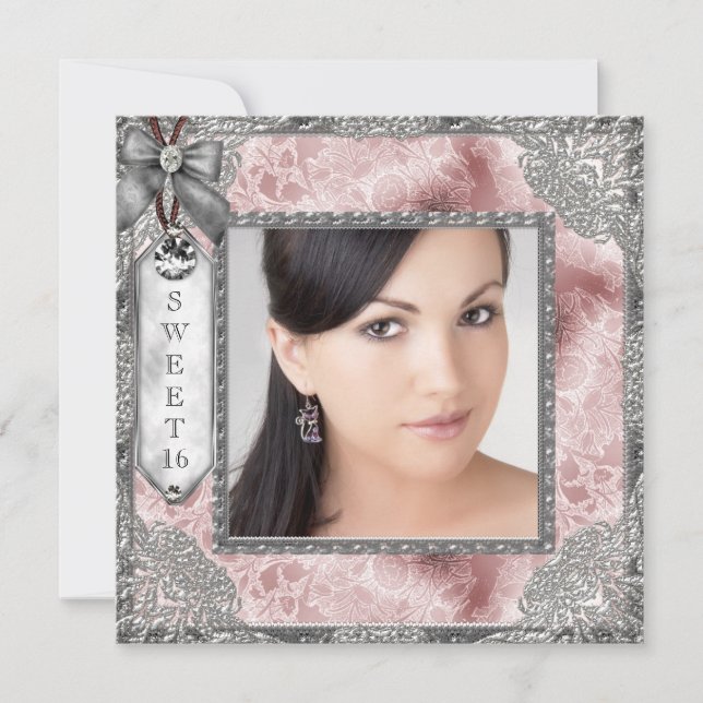 Invitation Pink Grey Photo Sweet 16 Anniversaire (Devant)