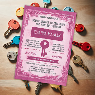 Invitation Pink Grunge Escape Room Key Birday Party Invitat