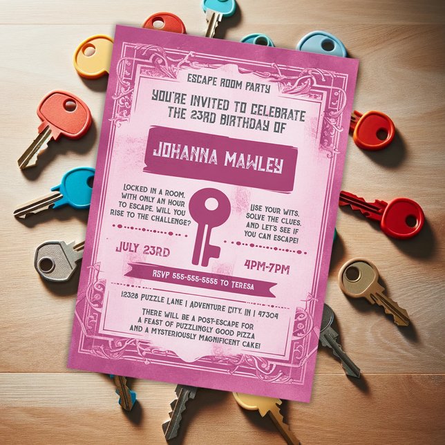 Invitation Pink Grunge Escape Room Key Birday Party Invitat (Créateur téléchargé)