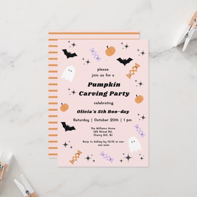 Invitation Pink Halloween Citrouille Soirée de Carving Annive (Devant/Arrière en situation)