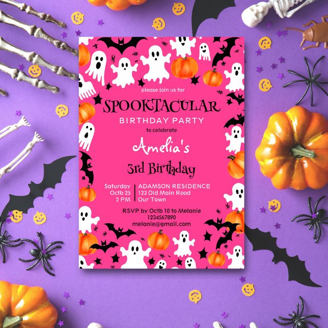 Invitation Pink Halloween fête d'anniversaire éffrayante spot (Pink Halloween spooktacular birthday party editable template invitation digital download ghosts bats)