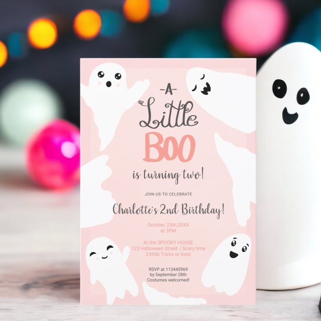 Invitation Pink Halloween petits fantômes de boite enfant 2e  (Pink Halloween little boo ghosts kid 2nd birthday Invitation)