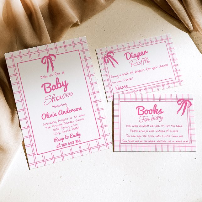 Invitation Pink Hand Drawn Bow Gingham Boho Girl Baby Shower  (Créateur téléchargé)