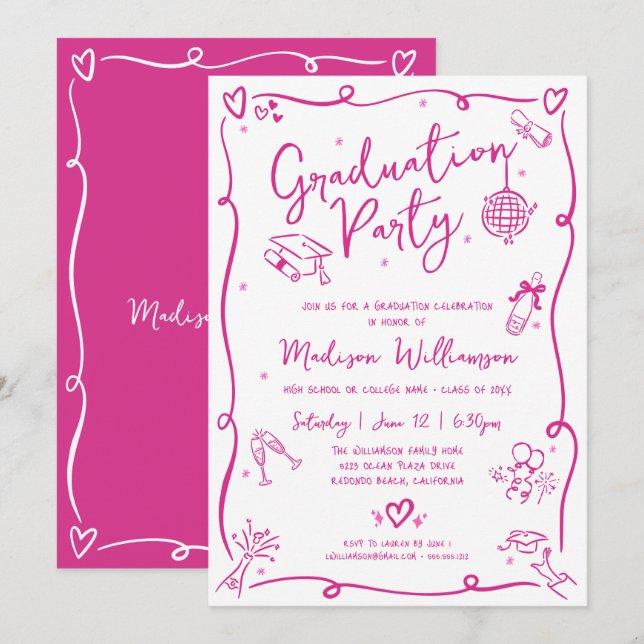Invitation Pink Hand Drawn Doodles Graduation Fun White Party (Devant / Derrière)