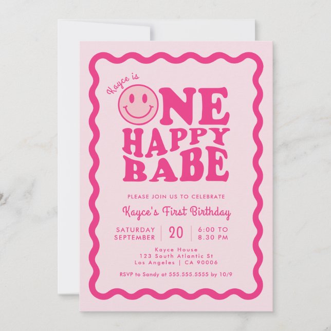 Invitation Pink Happy Face One Happy Babe Girl 1er anniversai (Devant)