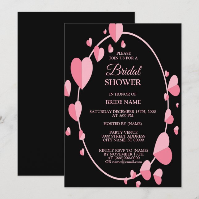 Invitation Pink Heart Black Geometric Bridal Shower Party (Devant / Derrière)