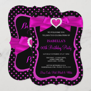 Invitation Pink Heart Bow Black Pois fête d'anniversaire