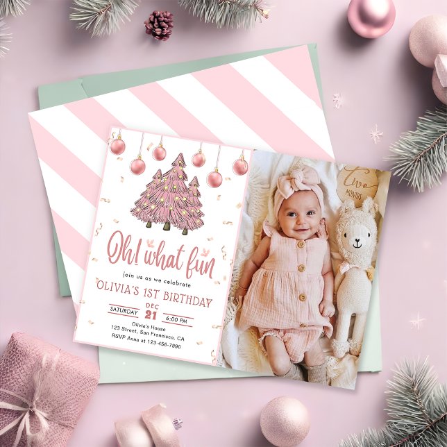 Invitation Pink hiver Noël Arbres fête d'anniversaire Photo (Créateur téléchargé)