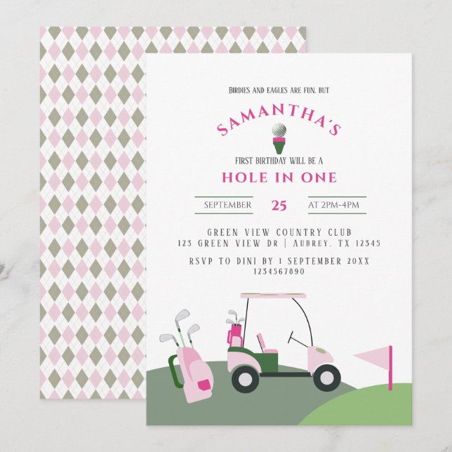 Invitation Pink Hole in One Golf 1er Anniversaire Par tee (Devant / Derrière)