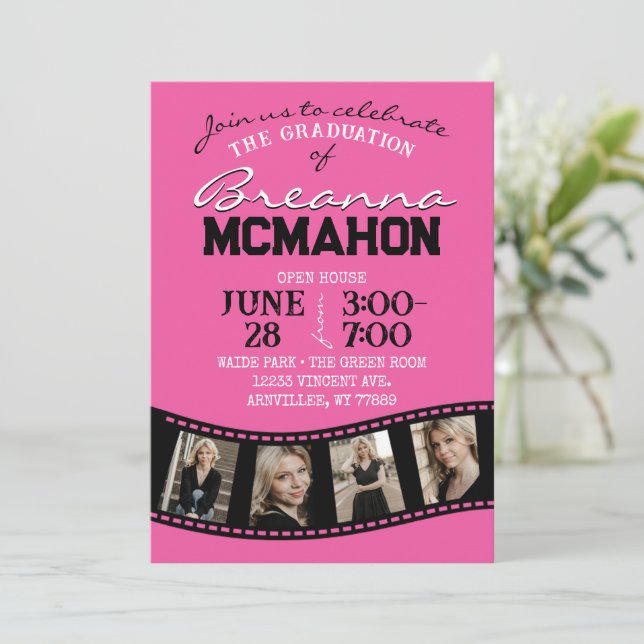 Invitation Pink Hot & Black Filmstrip 5 Diplôme photo (Debout devant)