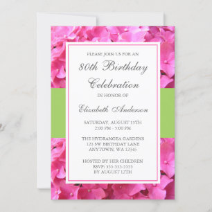 Invitation Pink Hydrangea Bordure verte 80e fête d'anniversai
