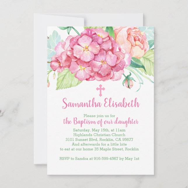 Invitation Pink hydrangea & peony Girl Baptism (Devant)