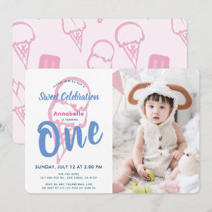 Invitation Pink Ice Cream Girl Photo 1er anniversaire