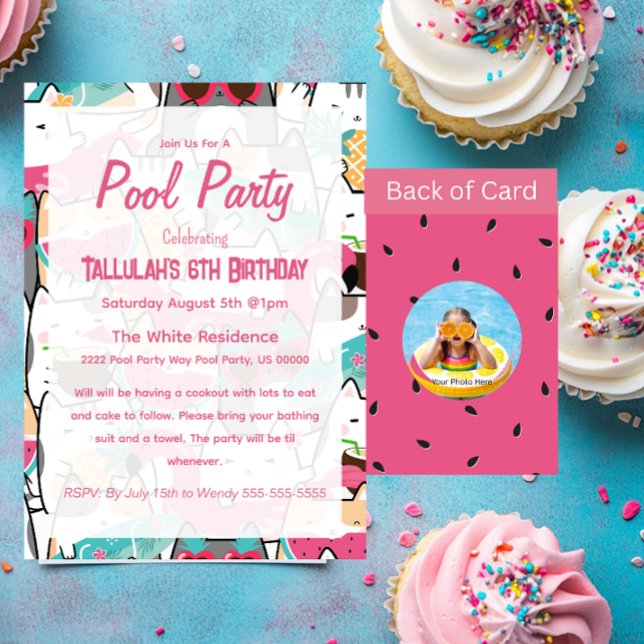 Invitation Pink Kawaii Cats Pool Party Anniversaire Invitatio (Créateur téléchargé)