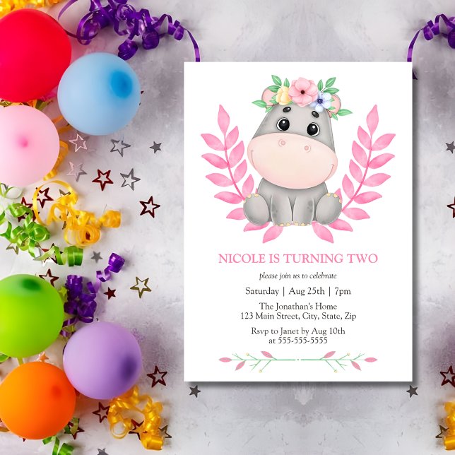 Invitation Pink Leaf Cute Hippopotamus Floral 2e anniversaire (Créateur téléchargé)
